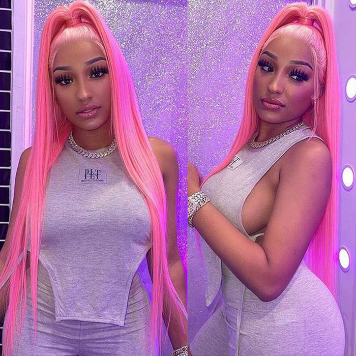 13x4 HD Lace Frontal Straight Pink Human Hair Wig for Women - Pre-Plucked with Bleached Knots - 12 / 13x4 Lace / 150% - Lyvelle