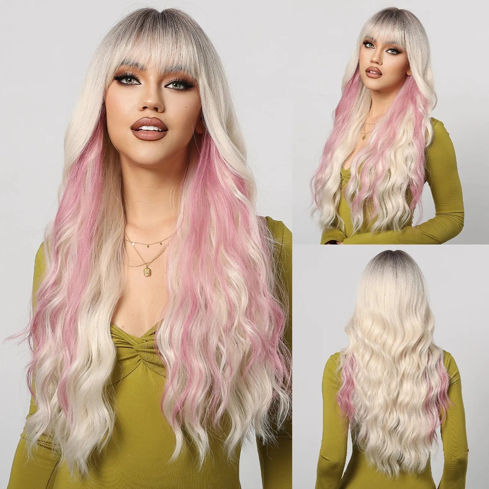 30-Inch Pastel Pink Wavy Synthetic Wig with Bangs