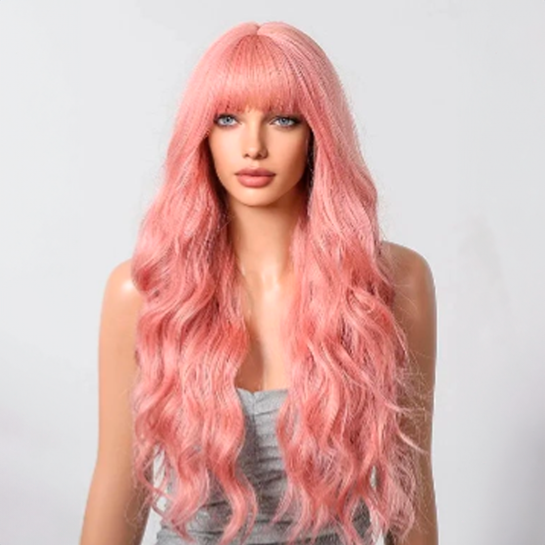 30-Inch Pastel Pink Wavy Synthetic Wig with Bangs