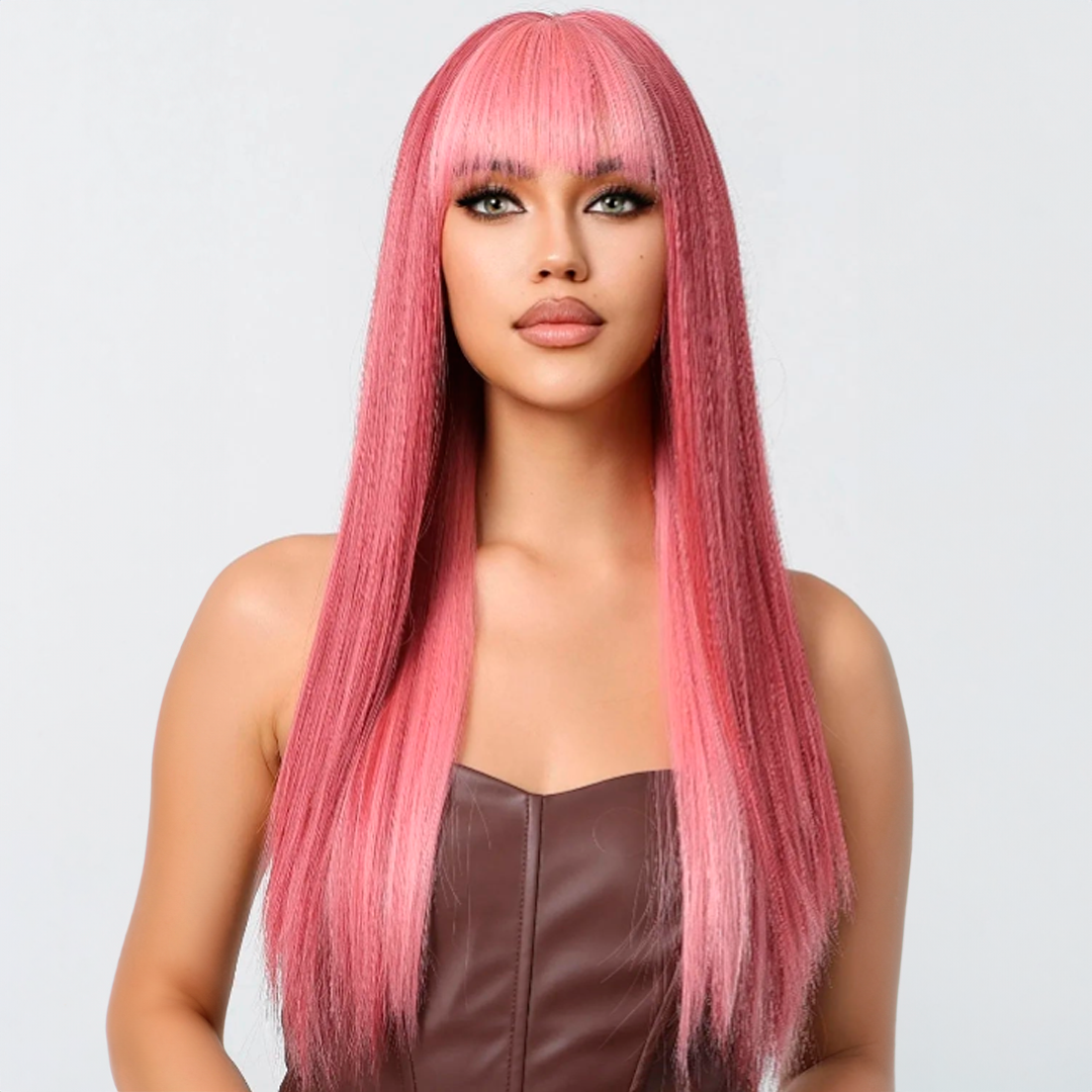 30-Inch Pastel Pink Wavy Synthetic Wig with Bangs