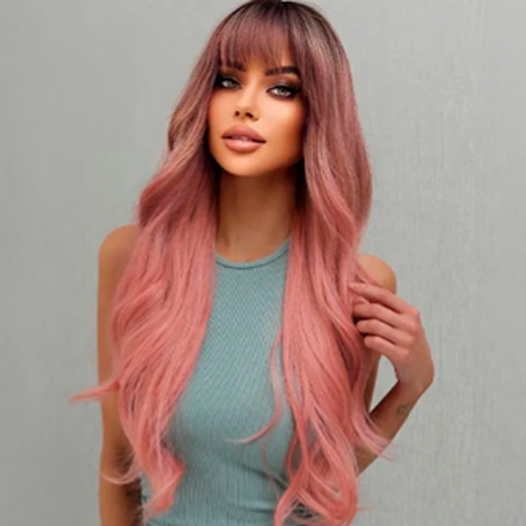 30-Inch Pastel Pink Wavy Synthetic Wig with Bangs
