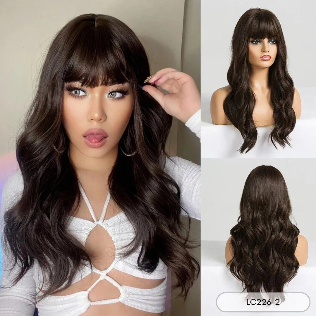 Brown Straight Wig with Bangs – Natural Synthetic Look