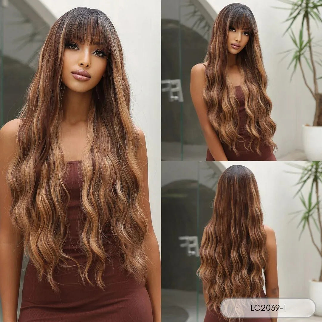 Brown Straight Wig with Bangs – Natural Synthetic Look