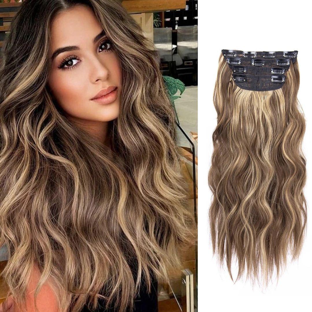 20” Wavy Clip-In Hair Extension – Brown with Highlights