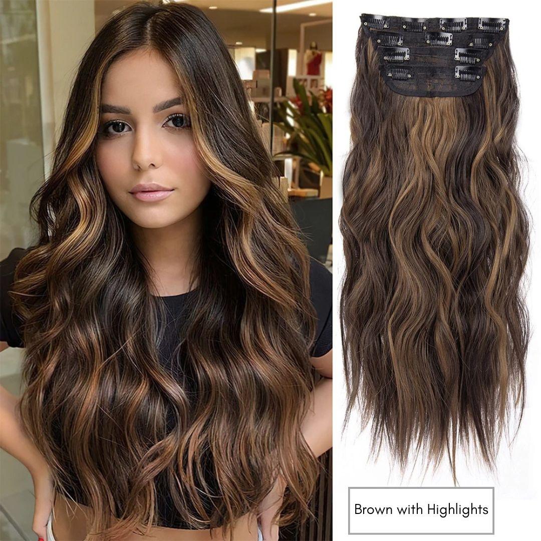 20” Wavy Clip-In Hair Extension – Brown with Highlights