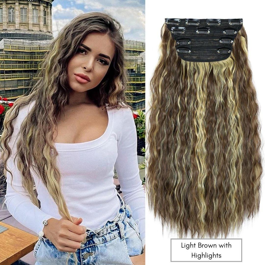 20” Wavy Clip-In Hair Extension – Brown with Highlights