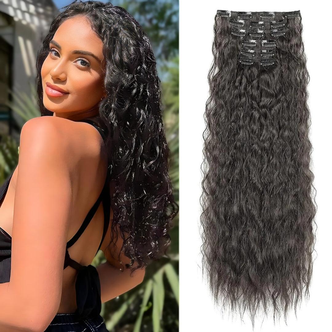 22” Deep Wave Clip-In Hair Extensions – Jet Black (6-Piece Set)