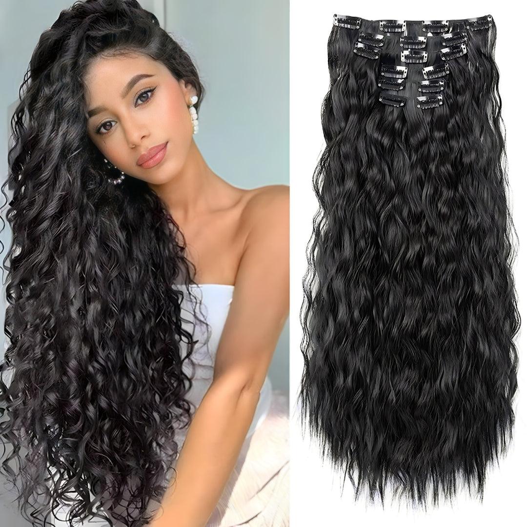 22” Deep Wave Clip-In Hair Extensions – Jet Black (6-Piece Set)