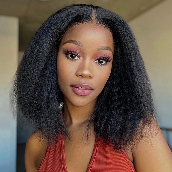 Pre-Cut HD Lace Glueless Bleached Knots Kinky Straight Bob Wig - Human Hair - 8 / 8x5 Pre Cut Lace / Kinky Straight 150% - Lyvelle