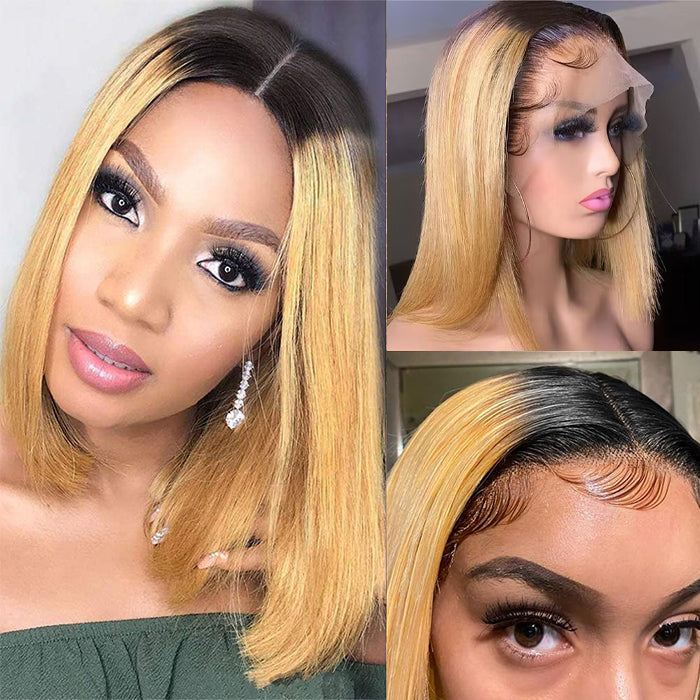 Ombre Honey Blonde Straight Bob Wig - Glueless 13x4 Lace Front - 10 / 4x4 Lace / 150% - Lyvelle