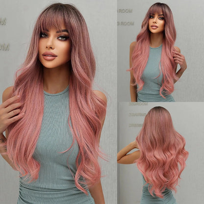30-Inch Pastel Pink Wavy Synthetic Wig with Bangs