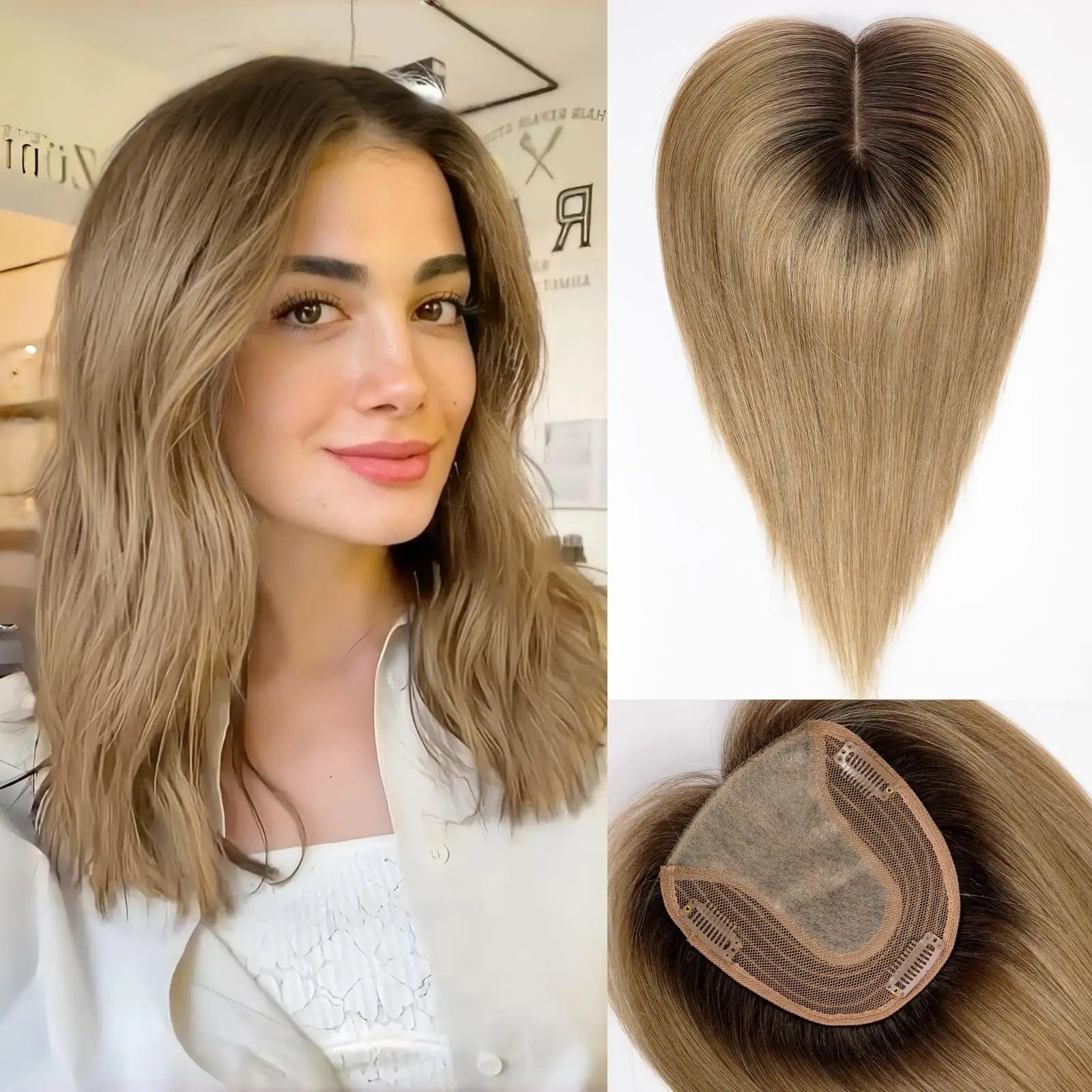 14” Natural Hair Topper with Silk Base – Dark Root Blonde