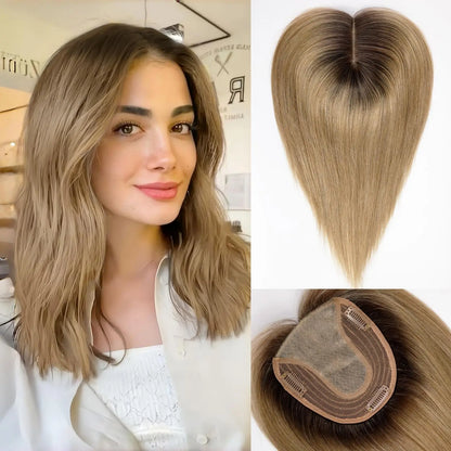 14” Natural Hair Topper with Silk Base – Dark Root Blonde