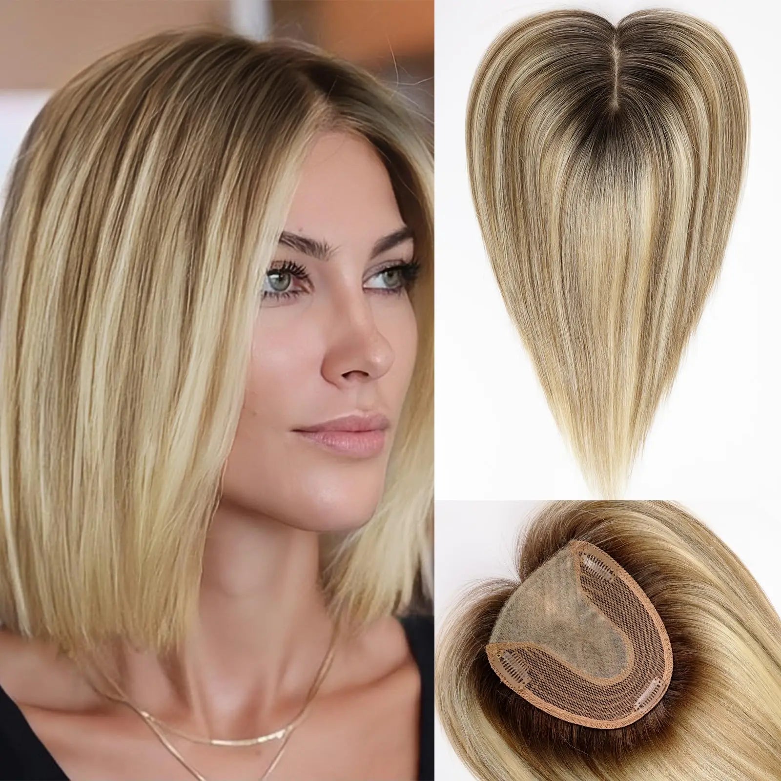 14” Natural Hair Topper with Silk Base – Dark Root Blonde