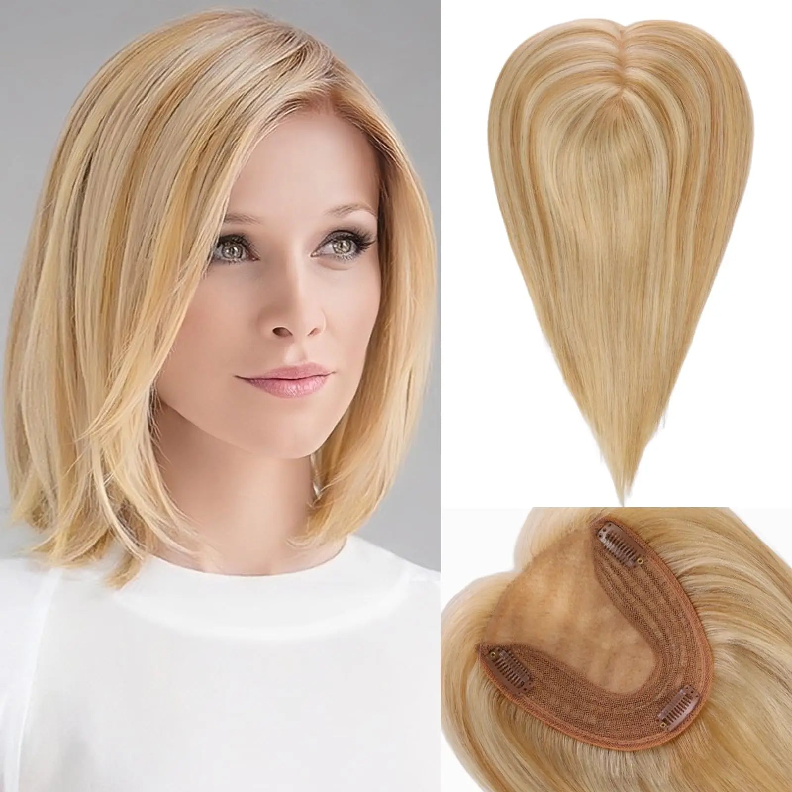 14” Natural Hair Topper with Silk Base – Dark Root Blonde