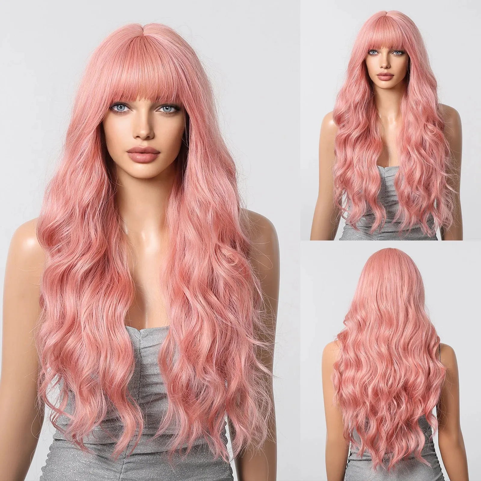 30-Inch Pastel Pink Wavy Synthetic Wig with Bangs