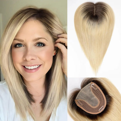 14” Natural Hair Topper with Silk Base – Dark Root Blonde