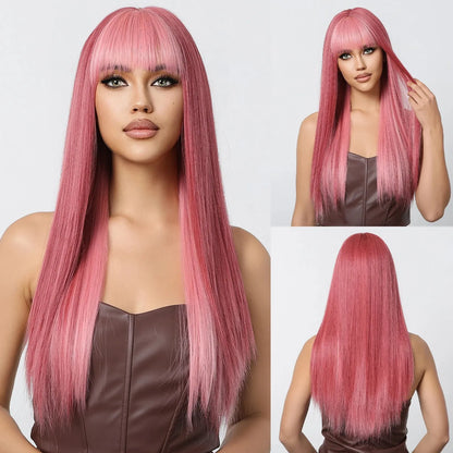 30-Inch Pastel Pink Wavy Synthetic Wig with Bangs