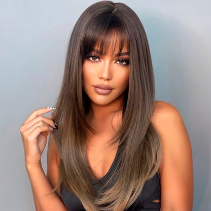 Brown Straight Wig with Bangs – Natural Synthetic Look