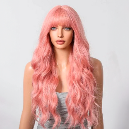 30-Inch Pastel Pink Wavy Synthetic Wig with Bangs