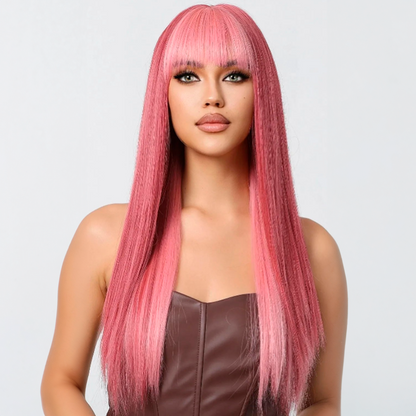 30-Inch Pastel Pink Wavy Synthetic Wig with Bangs