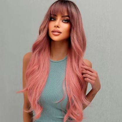 30-Inch Pastel Pink Wavy Synthetic Wig with Bangs