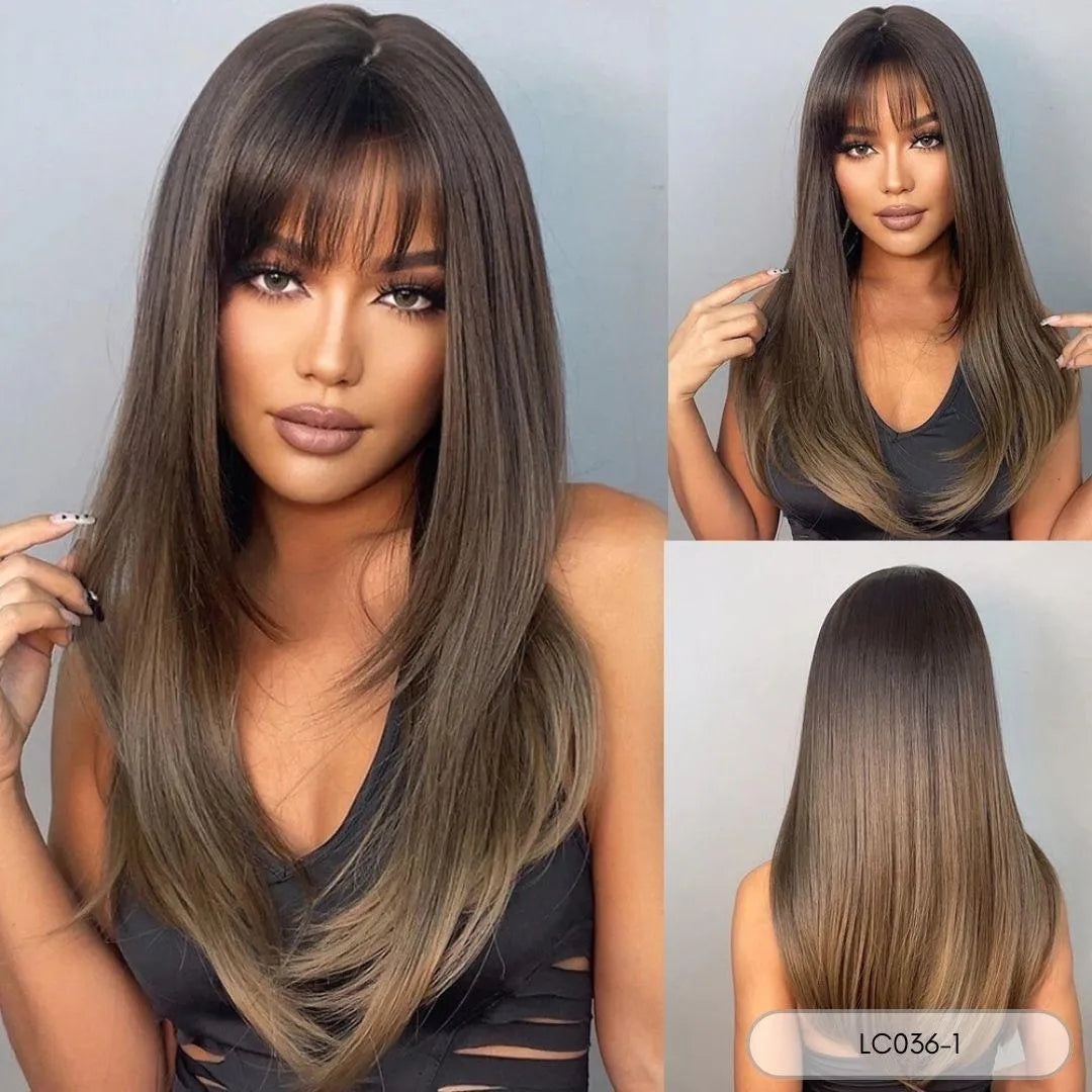 Brown Straight Wig with Bangs – Natural Synthetic Look
