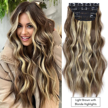 20” Wavy Clip-In Hair Extension – Brown with Highlights
